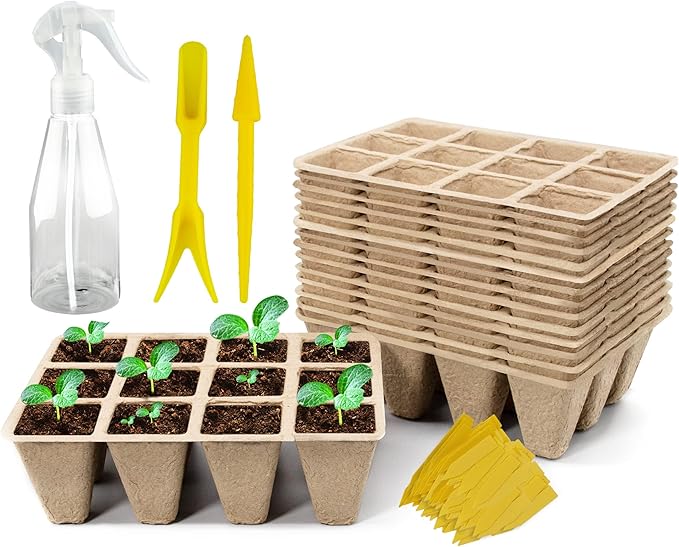SYITCUN 240 Cells Seed Starter Tray 20 Pack Seed Starter Kit for Planting Seeds Biodegradable Peat Pots Value Germination Kit with 200 Plant Labels 2 Transplanting Tools 1 Spray Bottle