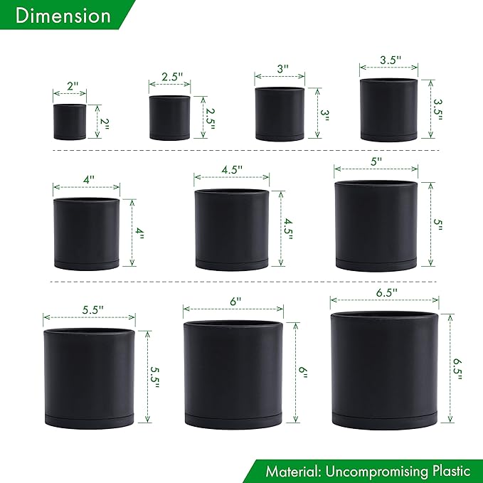 D'vine Dev 10 Pack Plastic Plant Pots for Plants 6.5/6/5.5/5/4.5/4/3.5/3/2.5/2 Inch Indoor Planters Cylindrical Succulent Pot with Drainage Hole and Saucer Black 74-S-B