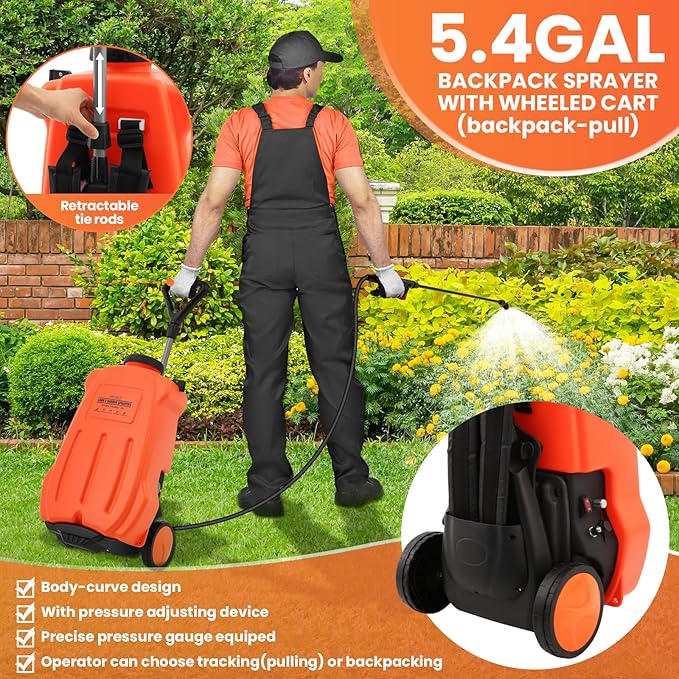 Battery Powered Backpack Sprayer 5.4 GallonAdjustable Wheeled Cart 0-94 PSI6 Hours Long Battery Life12V 8Ah BatteryBackpack Sprayer with 4 Nozzles for Weeding Spraying Cleaning