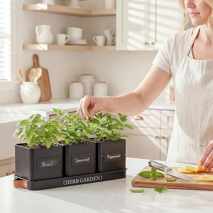 PERFNIQUE Indoor Herb Garden Herb Planter Set with Tray Farmhouse Indoor Plant Pots Windowsill Herb Garden with Drainage(Planter only) for Indoor/Outdoor Window Pots(Matte Black)
