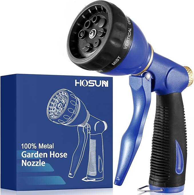 HOSUN Garden Hose Sprayer Nozzle 100% Heavy Duty Metal Water Hose Nozzle with 8 Different Spray Patterns High Pressure Hose Spray Nozzle for Watering Plant &amp Lawn Washing Car &amp Pet Blue