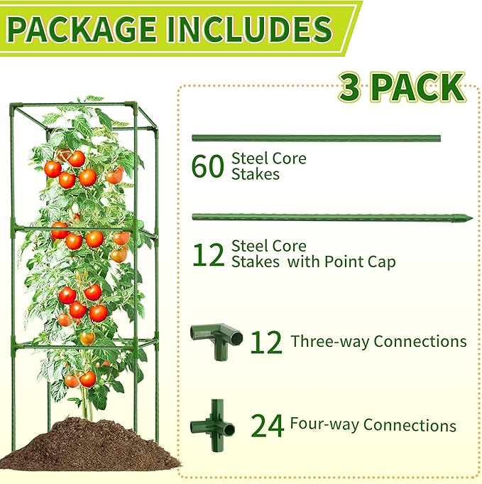3 Pack Square Tomato Cages for Garden - 42 Inch Heavy Duty Tomato Plant Support Stakes Sturdy Metal Core with Rust-Resistant Coating Tomato Trellis for Raised Beds