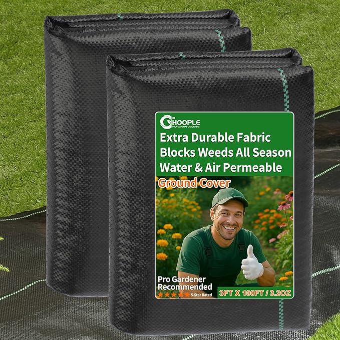 HOOPLE 3FT x100FT Weed Barrier Landscape Fabric Heavy Duty 3.2oz - Woven Polypropylene Ground Cover for DIY Gardening Commercial Driveways Erosion Control | Landscaping Fabric with Grommet Edges