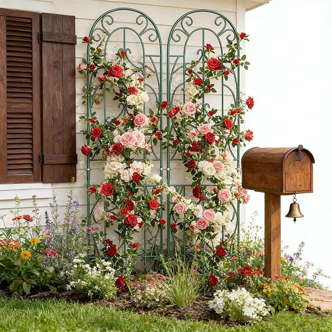 4 Pack Metal Garden Trellis for Climbing PlantsGreen Metal Garden Trellis for Vines Plant Rose Vegetable SupportLarge Decorative Outdoor Trellis