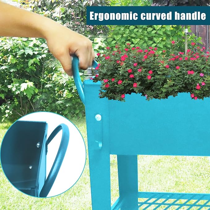 Raised Planter Box Beds with Wheels Legs Elevated Garden Bed for Indoor Outdoor Large Metal Mobile Planter Box with Bottom Shelf for Storing Tools for Vegetables Flower Herb Patio(Blue)