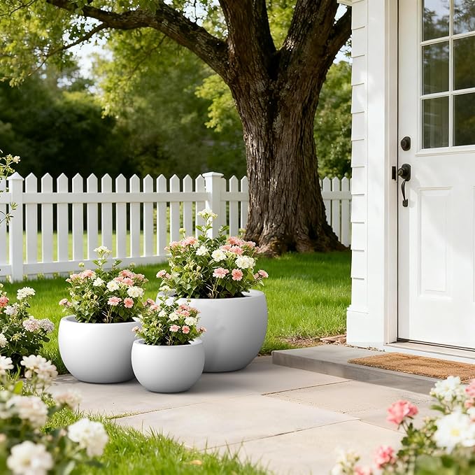 Kante 19.915.711.8 Dia Round Concrete Planter Set of 3 Outdoor/Indoor Large Bowl Plant Pots with Drainage Hole and Rubber Plug for Garden Patio Balcony Home Pure White