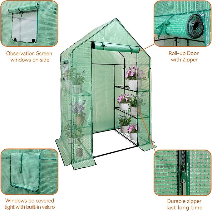 Heyfurni Walk in Greenhouse with ShelvesWalk-in Plant Green House with Durable Green PE Cover 3 Tiers 6 Shelves Stands with Ground Pegs &amp Ropes for Stability 56x28x76