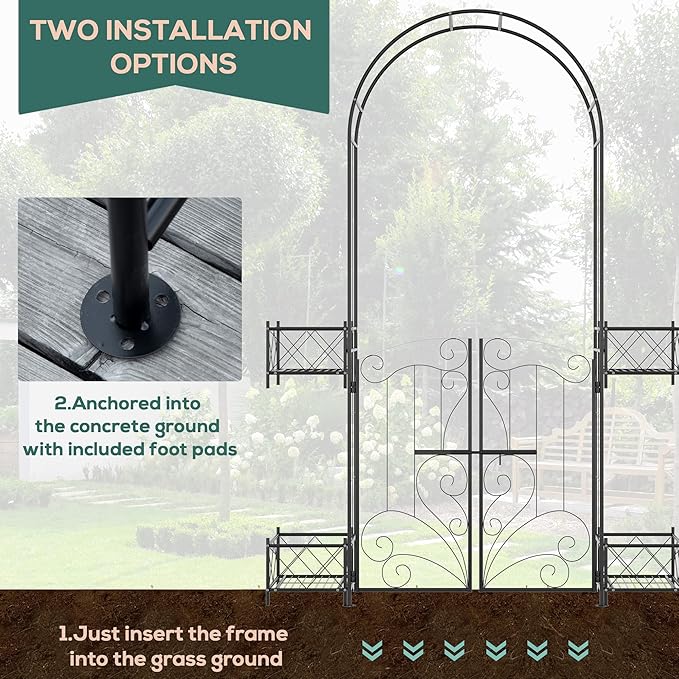 7' Garden Arch Arbor Metal Arch Trwith Gate Garden Archway for Climbing Vines Wedding Ceremony Decoration Black