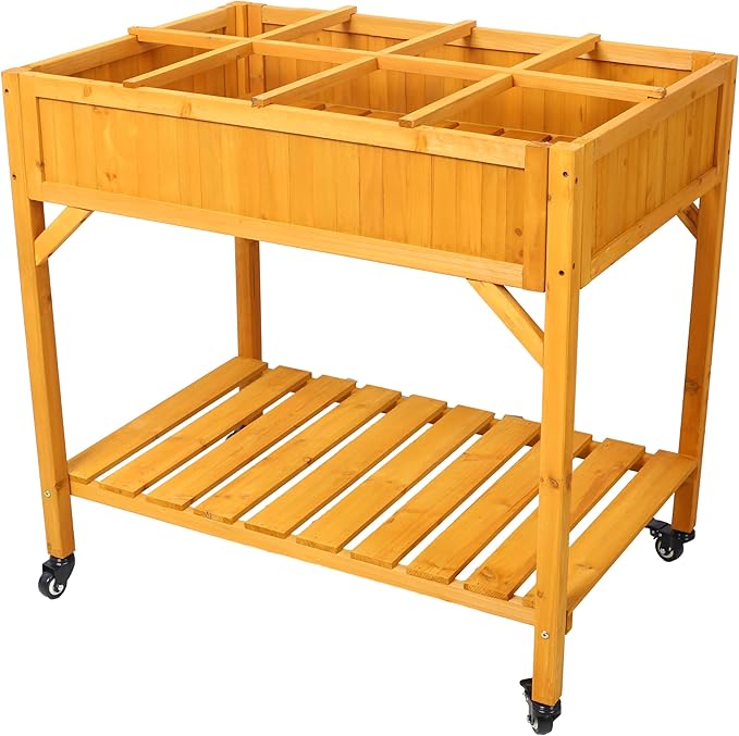 Elevated 8 Pocket Garden Bed Mobile Raised Customizable Wood Planter for Vegetables Flowers w/Lockable Wheels Storage Shelf Drainage Holes