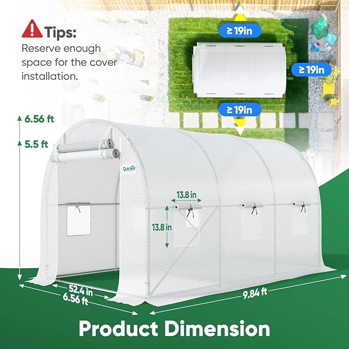 Quictent 10x7x7 FT Essential Greenhouse for Outdoors Portable Walk-in Tunnel Hoop House with 6 Screen Windows &amp Zipper Door Heavy Duty Frame for Garden Plant Vegetable White