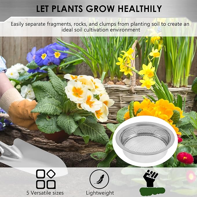 Stainless Steel Soil Sieve Stainless Steel Soil Sieve Interchangeable Meshes Set Garden Filter with 9.45inch Diameter for Sand Rocks