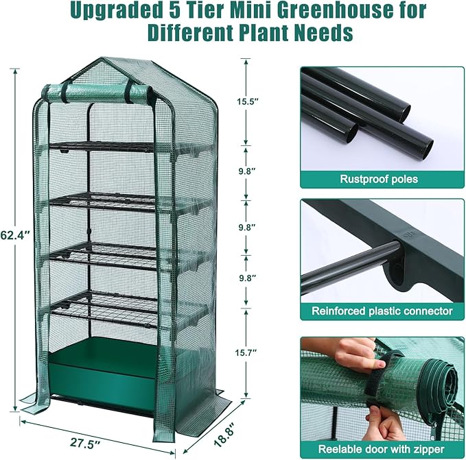 Mini Greenhouse for Indoor Outdoor 5 Tier Shelves Rack Small Green House Heavy Duty with Waterproof Mat Portable Plants Seedling Supplies Durable PE Plastic Cover with Tape Gardening Gifts