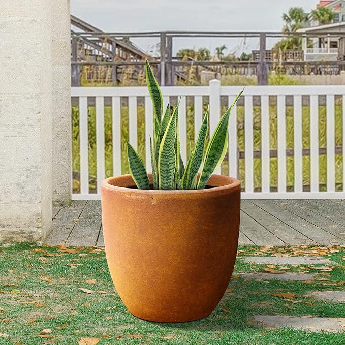Kante 13.4 Dia Round Concrete Planter Large Outdoor Modern Indoor Decorative Plant Pots with Drainage Hole and Rubber Plug for Home and Garden Iron Oxide