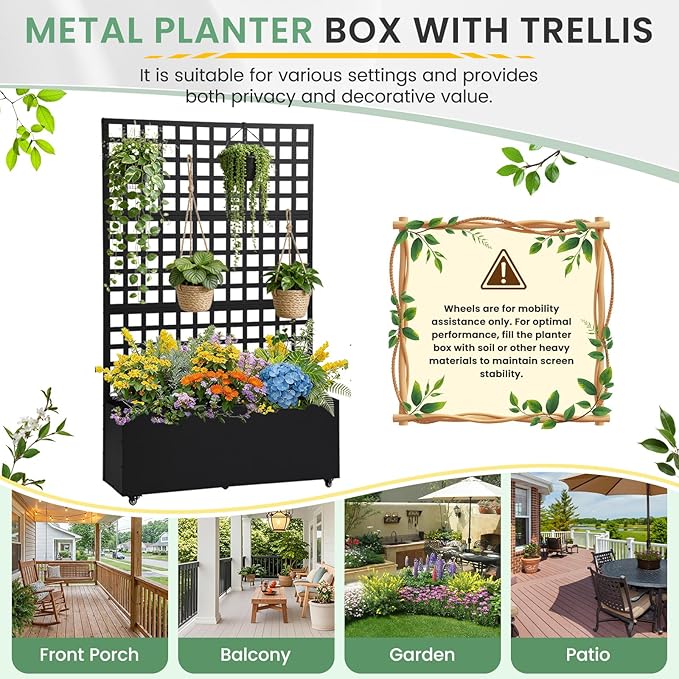 LVUYOYO Metal Raised Garden Bed Planter Box with Trellis &amp Wheels Outdoor Patio Garden Beds Flower Box with Privacy Screen &amp Drainage Holes for Climbing PlantsVegetables Vines