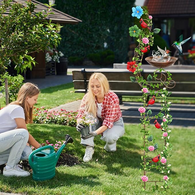 57” Bird Bath with Garden Trellis for Climbing Plants Outdoor Small Decorative Trellises Metal Birdbath Bird Baths 1 Piece (Redbird)