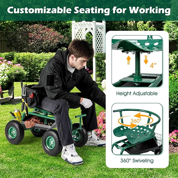 Garden Cart on Wheels 360° Swivel Rolling Outdoor Workseat with Washable Cushion &amp Dual Handles Height Adjustable Garden Stool for Patio Yard (Green)