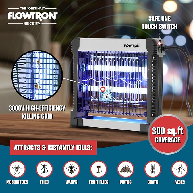 Flowtron Indoor Bug Zapper: 3000V Electric Insect Killer &amp Mosquito Trap - 300 Sq Ft Coverage - 12W Dual UV Light Fly Zapper for Kitchen Bedroom RV &amp Restaurant - Safe Gnat &amp Moth Killer