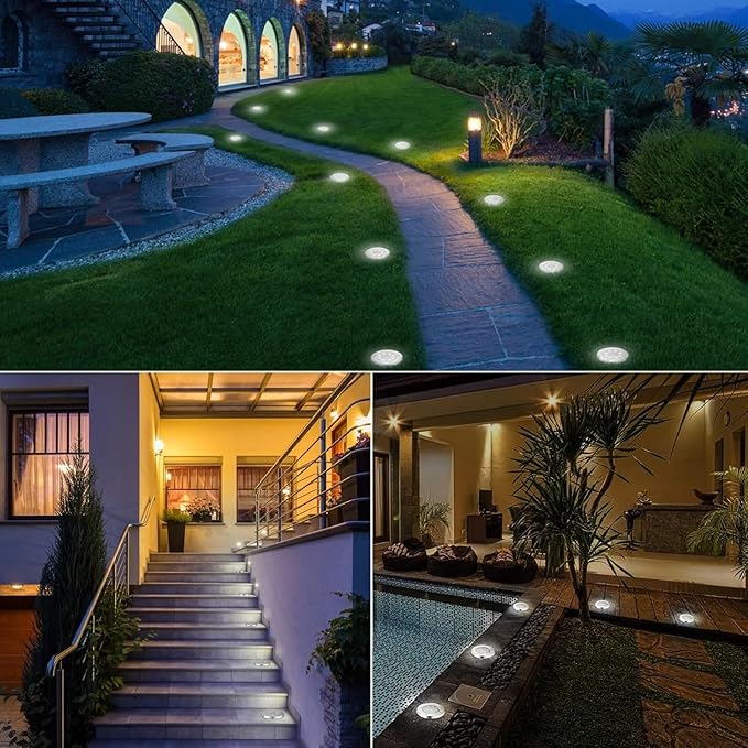 Solar Ground Lights Outdoor In-ground Pathway Light 8/16 PCS LED Solar Disk LampWaterproof Garden Landscape Lighting for LawnYardDeckPatioWalkway(Warm Light16PCS)