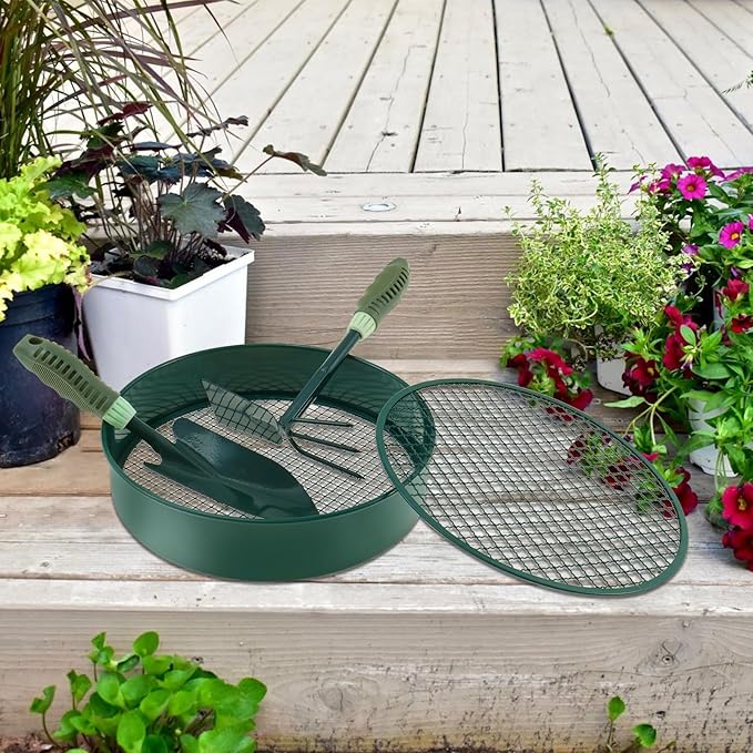 Soil Sifter for Gardening 12 Inch Dirt Garden Sieve Soil Sifter with 4 Replaceable Fine Screens and 2 Gardening Tools Rock Sieve Sifter Soil Sieve Sifter Set Sifting Pan