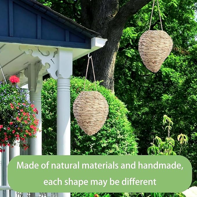 DECOHS 2 Pack Large Woven Reed Wasp Nest Decoy 10 x 7.5 Inch Hanging Fake Wasp Nests Decoration Faux Hornet Nest Wasps Deterrent for Outdoor Garden Yard Patio Eaves