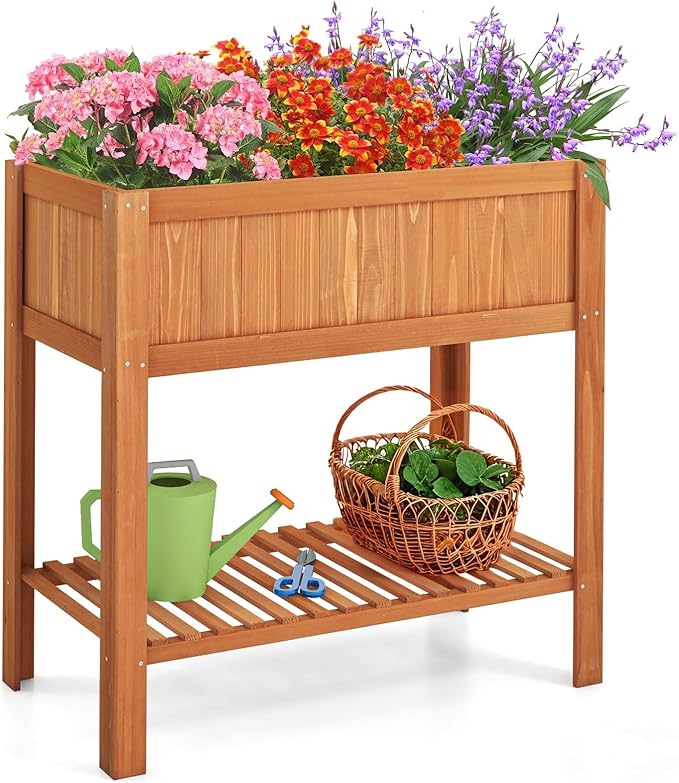 COSTWAY 2-Tier Raised Garden Bed Fir Wood Planter Box with Storage Shelf for Vegetables Herbs &amp Flowers – 39 x 20 x 39 for Backyard Patio &amp Balcony