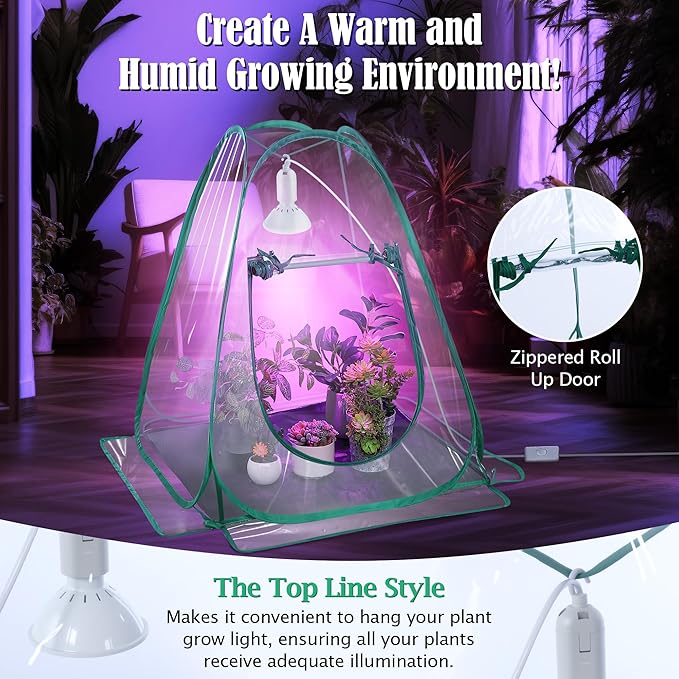 Meonum 2 Pack Mini Greenhouse with 10W 200 LED Grow Light Bulbs for Indoor 27 x 27 x 30 Pop Up Small Greenhouse Cover with Bottom Waterproof Bottom Mat for Indoor Outdoor Plants Seed Starting