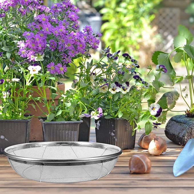 BESPORTBLE Garden Potting Mesh Sieve Sifting Pan Stainless Steel Soil Sifter Gardening Manual Soil Sieve Filter Sifting Pans for Mining 2mm Hole Diameter