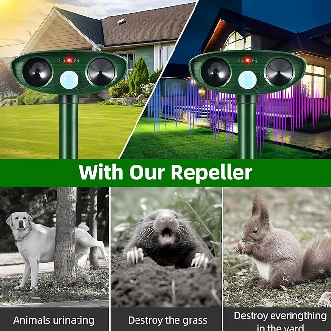 4 Pack 2026 Solar Ultrasonic Animal Repellent Cat Rabbit Deterrent Racoon Deer Repellent Devices with Motion Detection for Squirrel Dog Rodent Waterproof Skunk Repellent for Yard