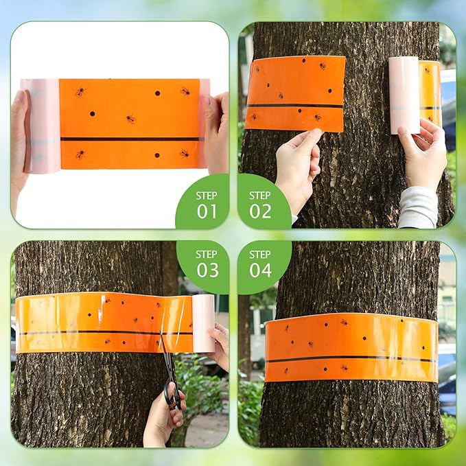 12 Rolls (30 Feet Each) Spotted Lantern Fly Tree Trap Outdoor Fruit Fly Sticky Strips Paper Ant Insect Sticky Barrier Tree Trunk Wraps to Protect Trees Plants Lawn Garden(Orange)