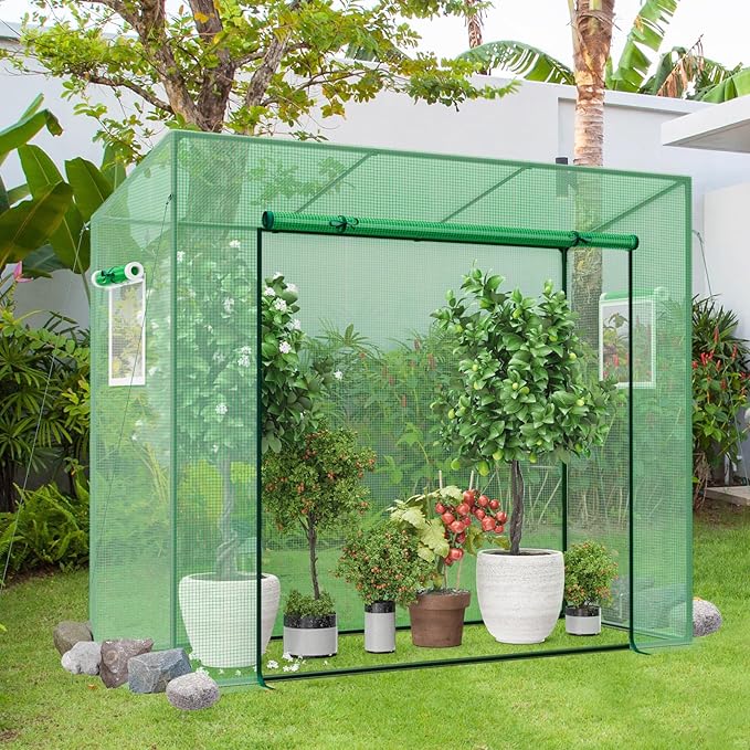 Happygrill Mini Greenhouse Walk-in Greenhouse w/PE Cover 4 Wind Ropes &amp Ground Stakes Roll-up Zipper Door Double-Layer Screen Windows Portable Small Greenhouses for Outdoors 6.6 x 2.5 x 5.6