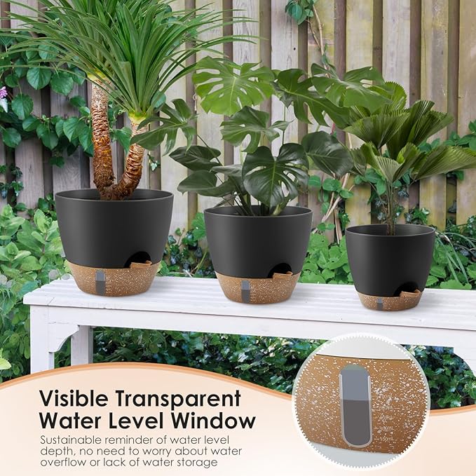 Self-Watering Plant Pots with Water Level Indicator Drainage Holes &amp Saucers – 12/10/9 Inch Large Plastic Planter Set for Indoor &amp Outdoor Plants(Black)