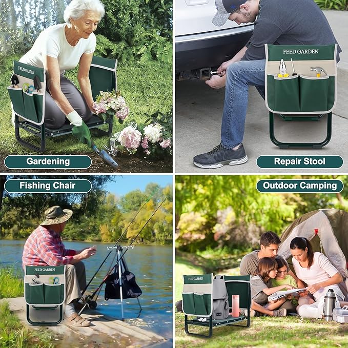 FEED GARDEN Garden Kneeler and Seat Upgraded Foldable Gardening Stool with 10.23 Wide Kneeling Pad Heavy Duty Gardening Bench Chair with 2 Tool Pouches Gardening Gifts for Seniors Mom Women Men