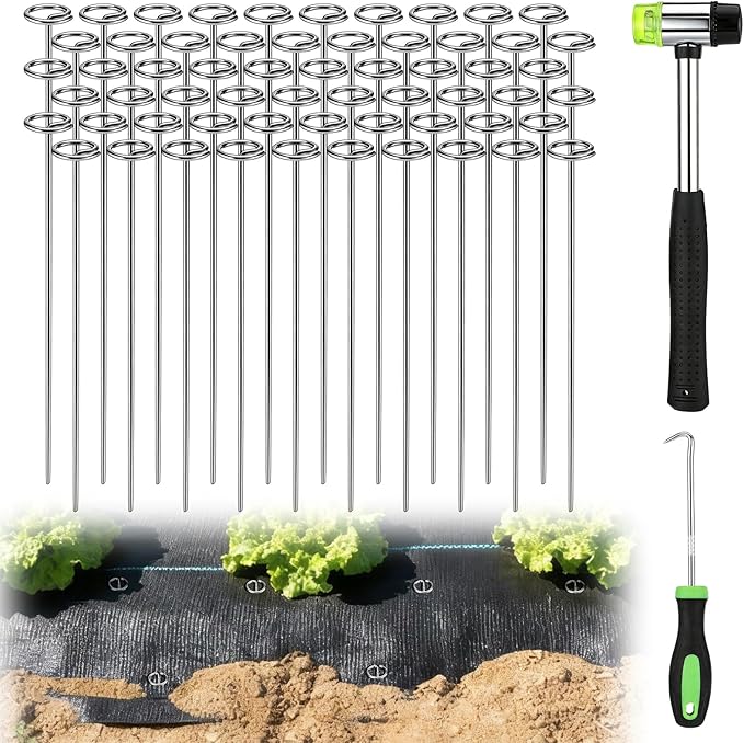 12 Inch Landscape Staples with Hook &amp Hammer - 60pcs Circle Top Weed Barrier Stakes Kit 9 Gauge Galvanized Rust-Resistant Garden Fabric Pins for SOD Garden Edging Install &amp Remove Tools In