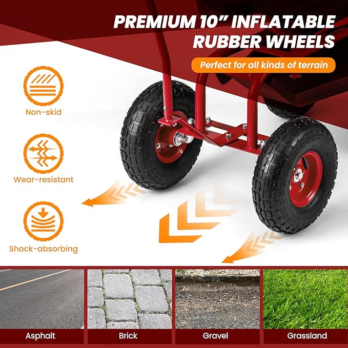 Garden Cart on Wheels 360° Swivel Rolling Outdoor Workseat with Washable Cushion &amp Dual Handles Height Adjustable Garden Stool for Patio Yard (Red)