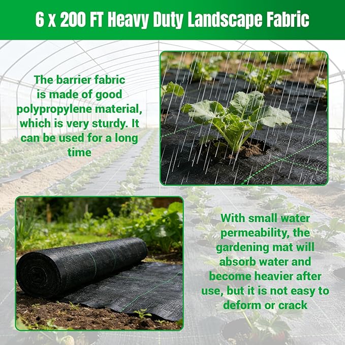 Weed Barrier Fabric Planting Cover - 6 x 200 FT Heavy Duty Landscape Fabric Ground Cover Block for Outdoor Planting