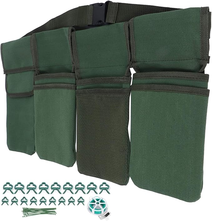 Gardening Tools Set with Green Waist Bag Plant Support Clips and Adjustable Cable Ties Kit