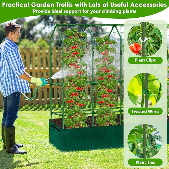 Large Cucumber Trellis for Climbing Plants with Grow Bag 67×65×16.5 Metal Garden Trellis for Raised Bed with Garden Netting and Plant Clip Plant Ties for Vegetables Squash Pea Grape Tomato