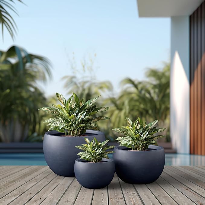 Kante 19.915.711.8 Dia Round Concrete Planter Set of 3 Outdoor/Indoor Large Bowl Plant Pots with Drainage Hole and Rubber Plug for Garden Patio Balcony Home Dark Gray