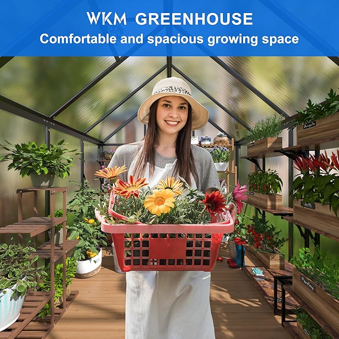 WKM 5.8x7.3 FT Greenhouse for Outdoors Quick-fit Structure Polycarbonate Greenhouse with Window for Ventilation Walk-in Aluminum Green House for Outside Garden Backyard Black