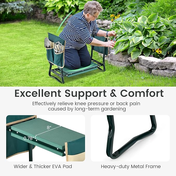 Giantex Garden Kneeler &amp Seat Folding Gardening Stool Portable Garden Bench with EVA Foam Pad Heavy-Duty Metal Frame Gardening Gift for Women Men Seniors (Holds 330 LBS) (with 2 Bags)