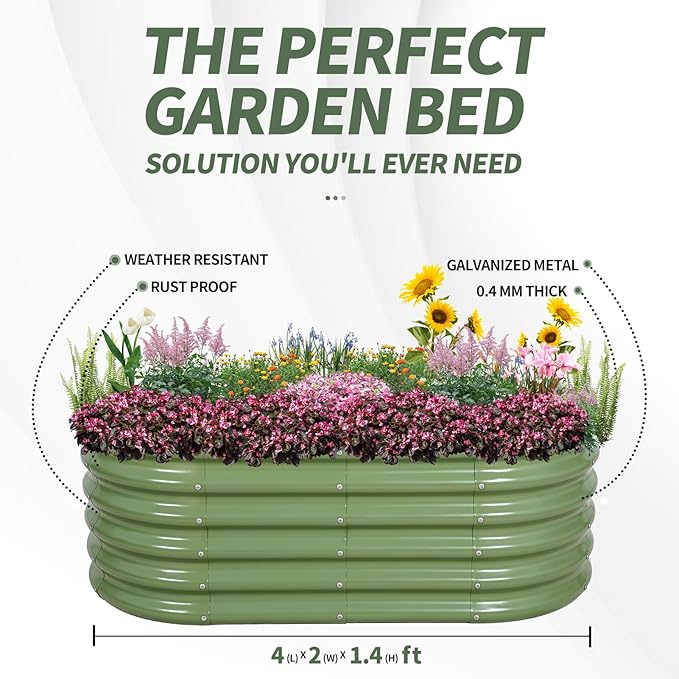 1MORE Galvanized Raised Garden Bed- Planter Garden Boxes Outdoor Raised Beds for Gardening 4x2x1.4ft Metal Garden Bed Kit for Vegetables Flower Planter Raised Bed with Protective Tape &amp Tools.G