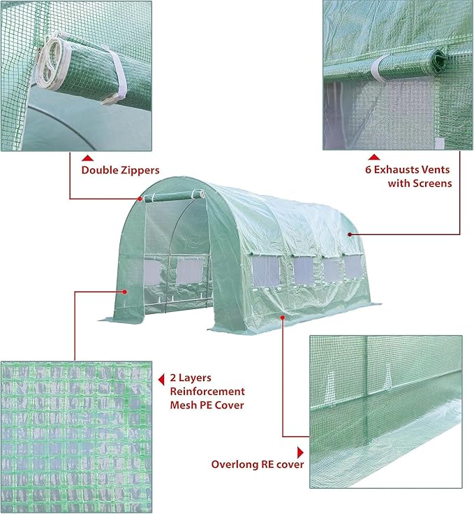 Replacement Cover for Portable Greenhouse Large Walk-in Green Hot Garden House Top Tarp 2 Zippered Doors 8 Roll-up Windows (Frame Does NOT Included) (20 x 10 x 7 ft)