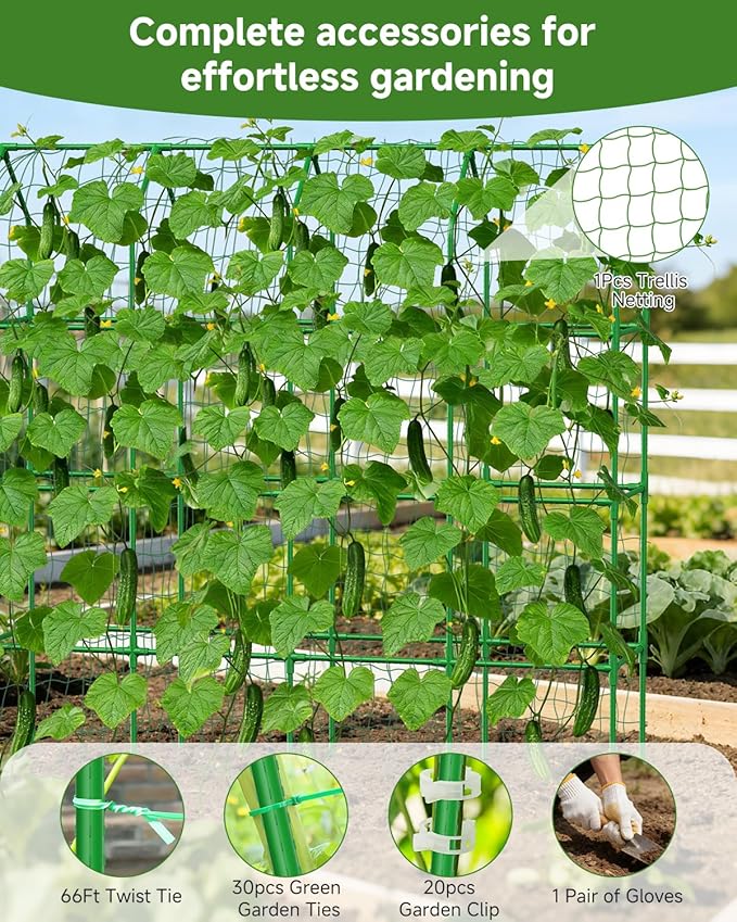 Cucumber Trellis for Climbing Plants Outdoor A-Shape Garden Trellis for Raised Bed Metal Plant Trellis with Garden Netting for Flower Vegetables Pea Grape (67 * 17.7 * 65inch(L*W*H))