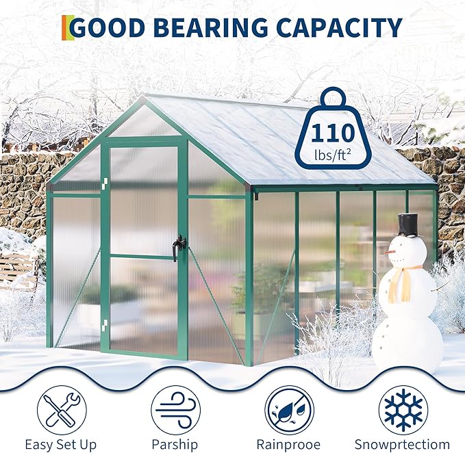 6 X 10 FT Greenhouse Outdoor Greenhouses Polycarbonate Panels with Aluminum Frame Adjustable Roof Vent and Lockable Door Green Houses for Outside Backyard Garden Patio