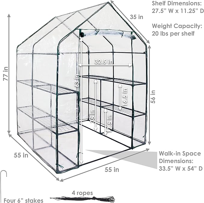 Sunnydaze Portable Outdoor Grandeur Walk-in Greenhouse with 4 Steel Wire Shelves and Roll-Up Door - Clear