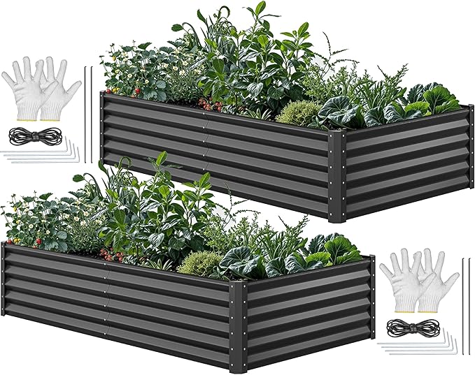 YITAHOME 2pcs 8x4x1.5ft Outdoor Raised Garden Bed Kit Large Metal Patio Planter Box with Gloves Support Rod and Safe Edge Curling Design for Plants Vegetables Flowers Black