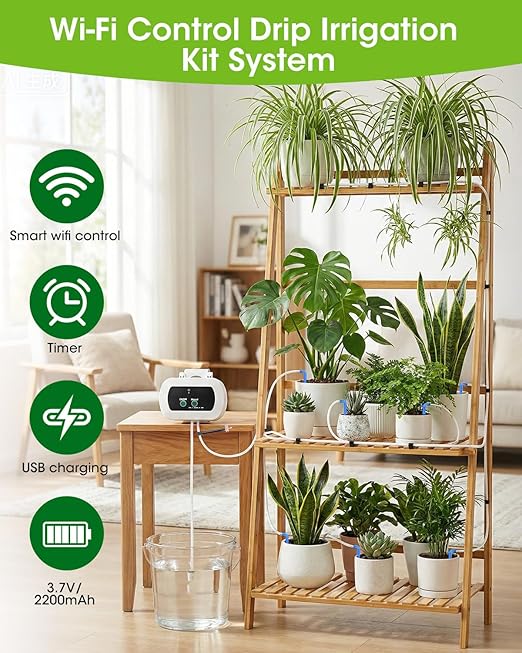 Automatic Watering System for Potted Plants[Wi-Fi &amp App Control] Smart Plant Watering Devices for Indoor Outdoor Automatic Drip Irrigation System Device Kit-USB ChargingWater 10 Plants