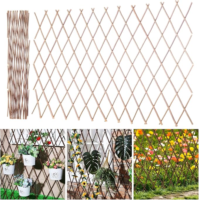 2 Pack Expandable Willow Trellis Lattice Fence Willow Fence Panel for Climbing Plants Garden Lattice Trellis Plant Support Open Screen Fencing Outdoor Decorative Wood