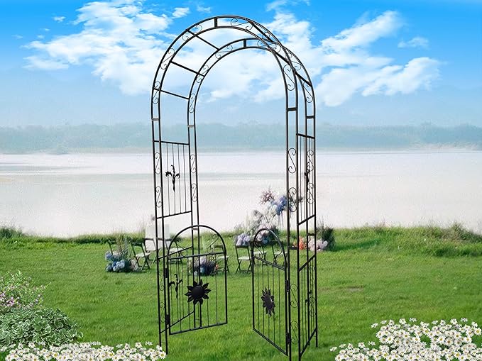 Metal Garden Arch with Doors GTrClimbing Plants Support Arch Outdoor Arch Wedding Arch Party Events Archway Black RL989