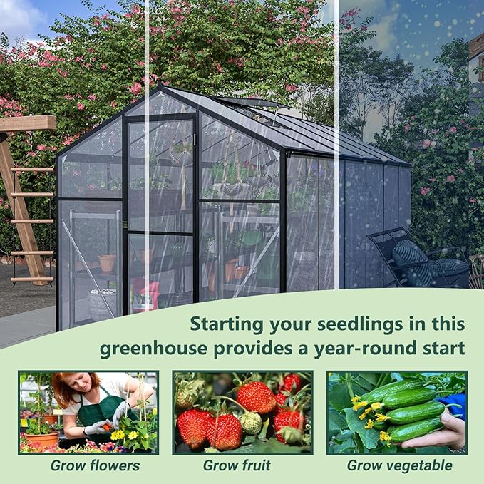6x12 FT Walk-in Greenhouse Kit with Polycarbonate Panels &amp Aluminum Frame Green Houses for Outside with 2 Vents Greenhouses for Outdoors with Lockable Door Backyard Discovery Greenhouse (Black)